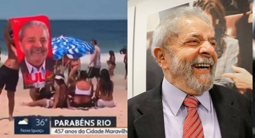 Homem levanta toalha com rosto de Lula Ao vivo na Globo